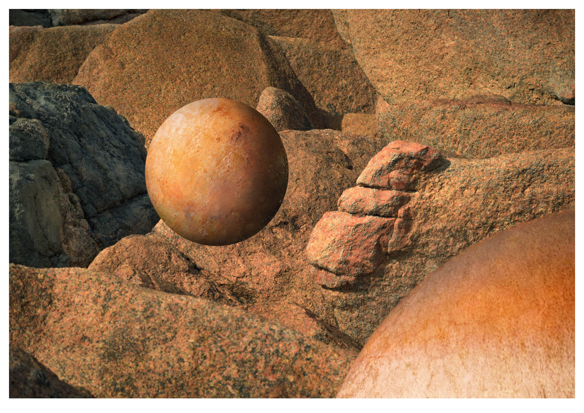 A single Mars like planet floats above dark pink Jurassic rock, the 6th in universe series